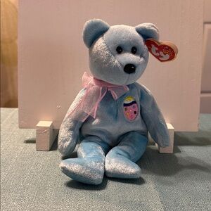 Ty Light Blue Stuffed Bear with Pink Ribbon Egg II